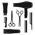 Hairdresser tools icon set. Hair salon equipment silhouettes. Accessories for haircut with scissors, comb, brush, dryer. Royalty Free Stock Photo